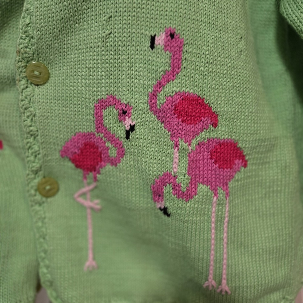 Vintage‎ 90s Rey Wear Size S Green Flamingo Hand Knit Cardigan - Picture 3 of 7